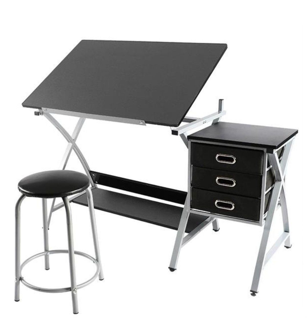Adjustable Drawing Station Desk Set with Stool Chair Drafting Table