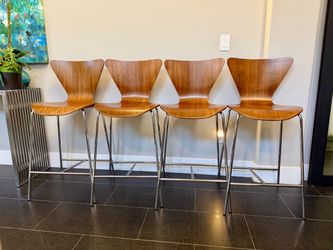 Set of 4 Walnut Counter Height Bar Stools – Chrome Legs – 26” Seat Height
