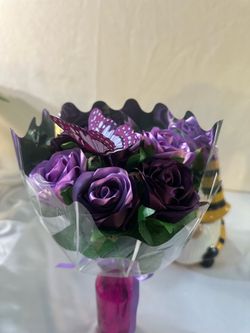 Half‑Dozen Handmade Ribbon Rose Bouquet – Purple