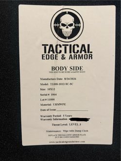 Tactical Edge & Armor Level 3 Ballistic Plate 10x12