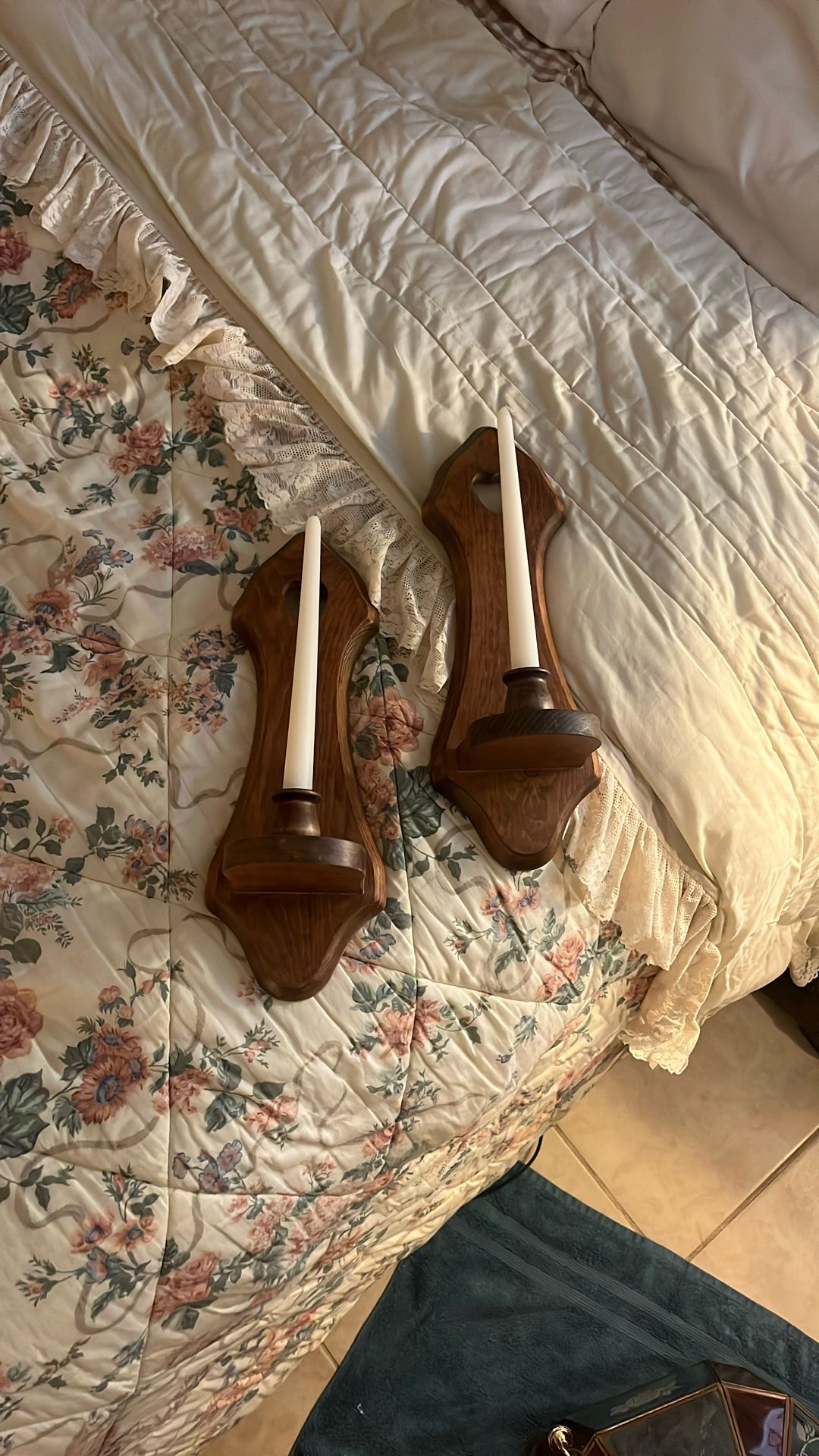 pair of vintage wooden candle holder sconce