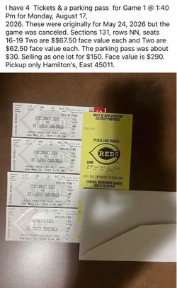 08/17 Four Cincinnati Reds Tickets 1/2 price with parking pass