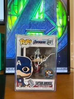 Signed Captain america funko pop along with some others