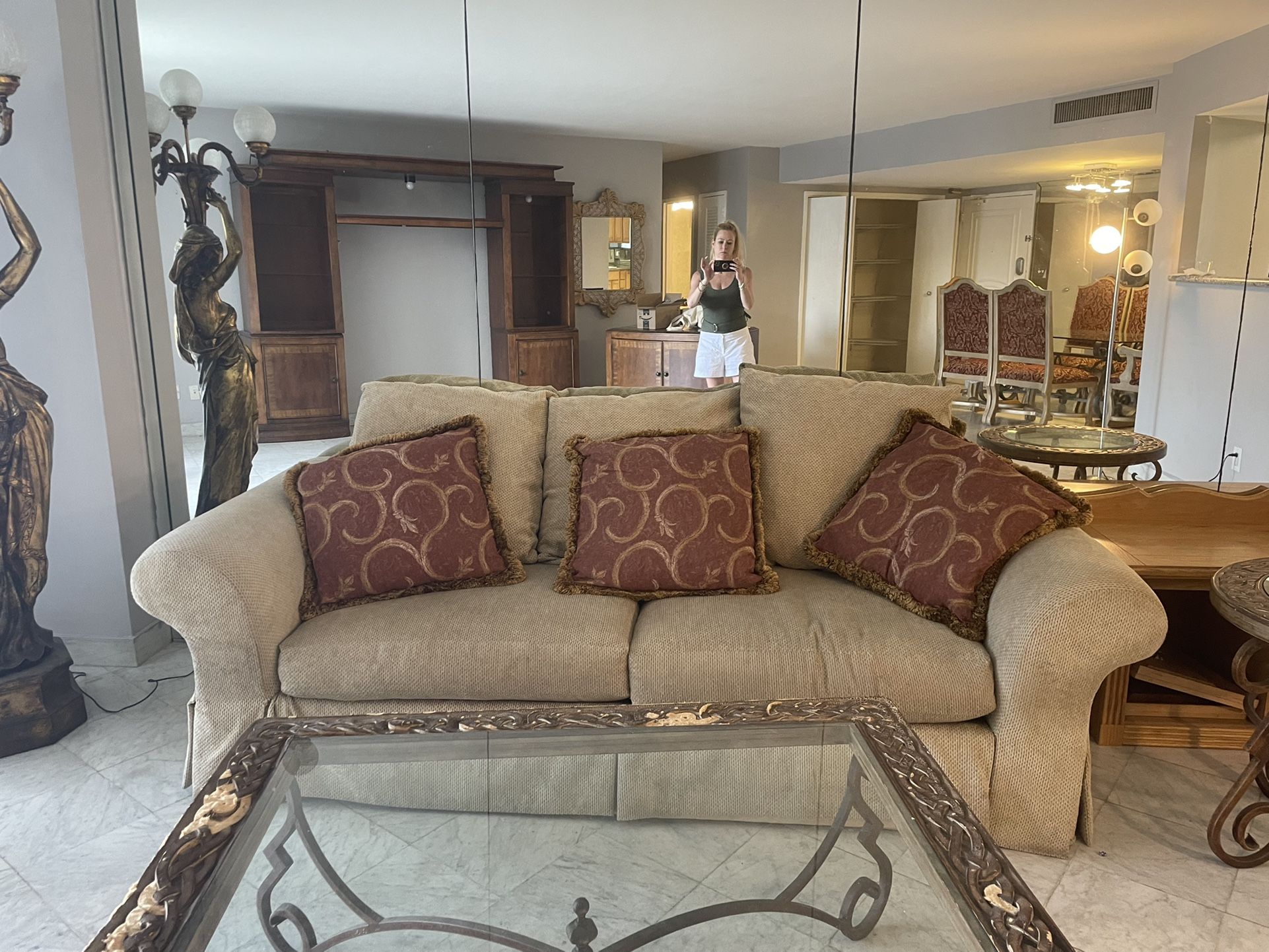 Beige couch. Barely used. 6 feet. Spotless.. Living room ready plus pillows