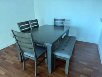 Dining Table Set – Table, 4 Chairs & Bench (Gray Wood)