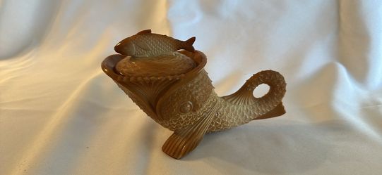 Antique Greentown Chocolate Slag Glass Fish / Dolphin Covered Candy Dish – Excellent Condition