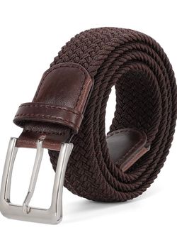 NEW! Braided Woven Elastic Stretch Belt, Dark Coffee Brown w/ Silver buckle, XL 57" long, pant size 45-50"