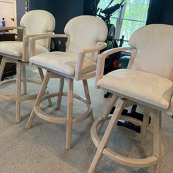 Barstools (3) Swivel, Heavy Solid Wood, White Wash, Off-White Fabric Very Heavy $125 For All 3