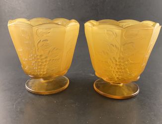 2 VTG Jardiniere Amber Glass Paneled Grape Footed Planters -Make cute candy dish