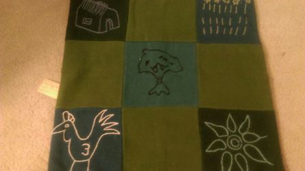 Throw pillow sham. Wool green and blue cruel work