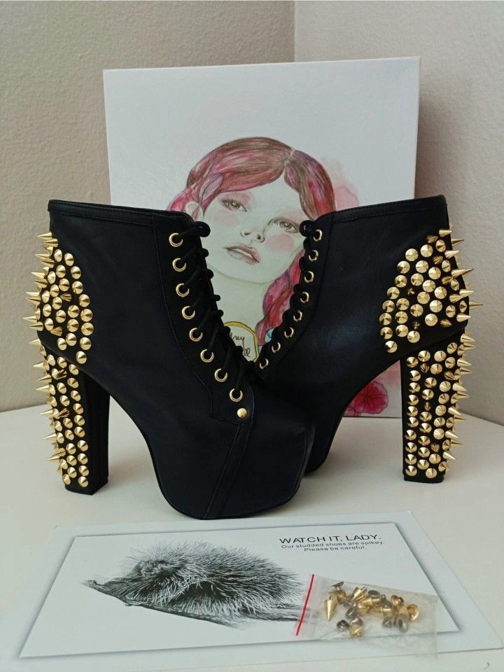 Jeffrey CAMPBELL Lita Havanna Black Gold Spike Platform Boots Size 6