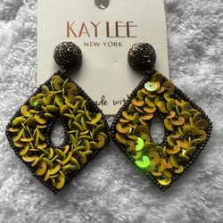 Kay Lee Yellow Sequin and Brown Beaded Pierced Earrings