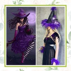 5PC WITCH LED HAT COSTUME PURPLE FEATHER SET AMETHYST CUFF WAND HARNESS FLOWER BLING DIAMOND RHINESTONE NECKLACE LIGHT UP FRINGE BEAD ADULT CUTE