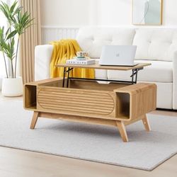 Small Lift Top Coffee Table with Hidden Compartment, Mid Century Modern Curved Coffee Table with Storage Shelf, Wooden Rectangle Center Table with Lif
