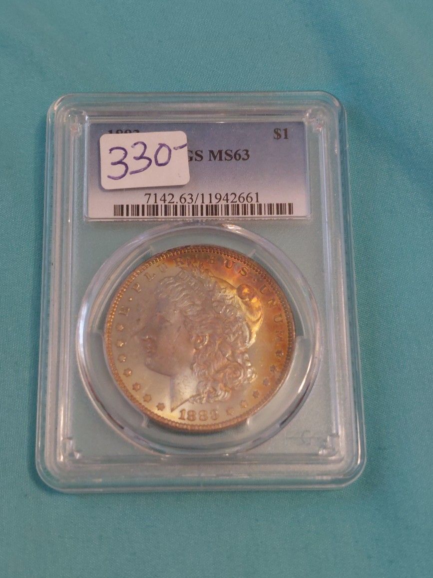 1886 Morgan Silver Dollar, Pcgs Graded Ms63 Brilliant Rainbow Toner