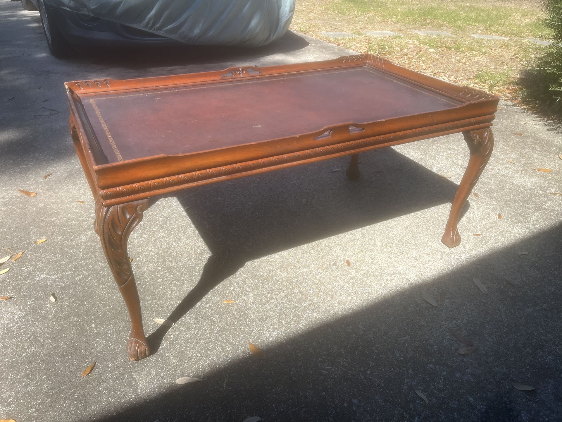 Vintage British style ball and claw foot coffee table - embossed leather top