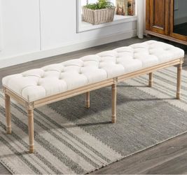 60" Fabric End of Bed Bench, Upholstered Tufted French Bedroom Bench with Carved Legs for Bedroom End of King Size Bed, Living Room, Beige