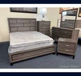 Queen Gray Bedroom Set- Queen Bed Frame, Dresser, Mirror, & Nightstand 