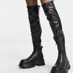Pull&Bear wide fit thigh high chunky boot in black