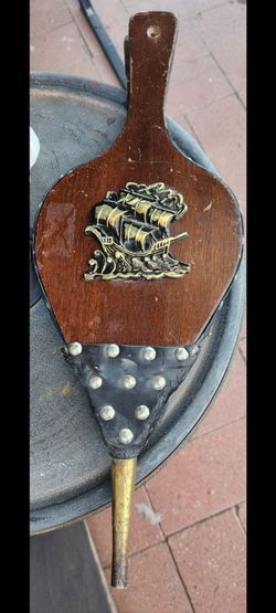 Vintage Wooden Fireplace Bellows with Ship Emblem