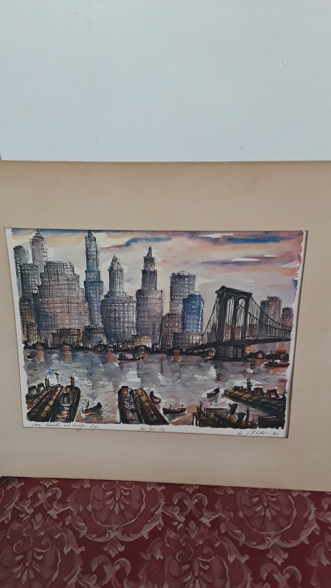 New York Artist J.M. Gallais Watercolour Gorgeous Authentic artwork signed by the artist. Lower Manhattan and Brooklyn Bridge. 20"×16". Not framed.