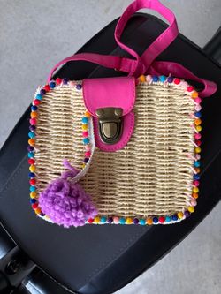 Woven Straw Crossbody Bag with Pom Poms