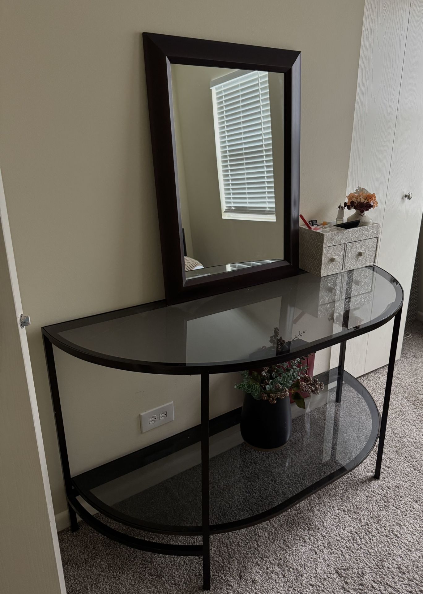 half moon glass table and wooden mirror 