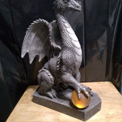 18" Dragon Statue With Glowing Crystal.