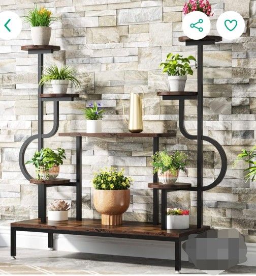 8-Tier Metal Plant Stand, Large Tall Plant Shelf for Multiple Plants, Round & Square Boards, Wood Indoor Ladder Holder Flower Rack Color Black