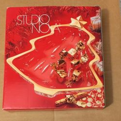 Studio Nova Christmas Tree Platter Festive Dish Gold Trim New In Box 