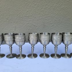 8 Vintage Pices Bangkok Pewter Wine Elephants Designs Cups 
