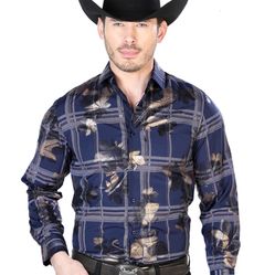 $25 Navy Blue And Gold Long Sleeve Western Cowboy Camisa Vaquera