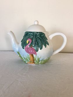 Delightful coffee tea pot with flamingo and palm tree