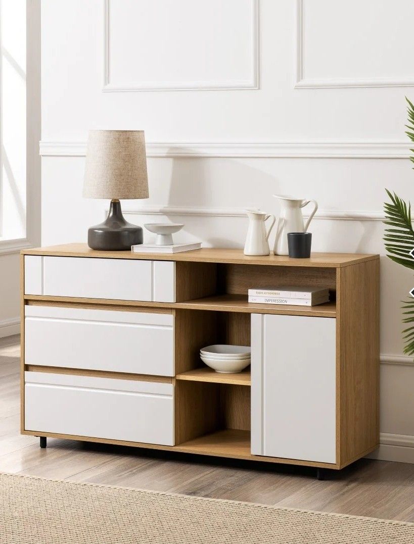 Coastal Oak & White TV Entertainment Or Buffet with Open Storage,(New In A Box)