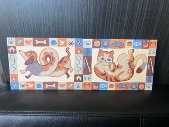 Set of 2-sausage bagel dog & cat’s trouble puffs 6”x6” hand painted acrylic painting on canvas panel