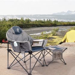 New! Coastrail Outdoor Oversized Outdoor Padded Folding Camping Chair 2 in 1 with Removable Footrest Round Moon Saucer Camp Chair with Cup Holder, Sup