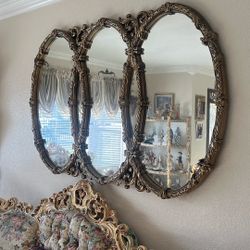 vintage mid century hollywood rococo triple ring gilded wood mirror 