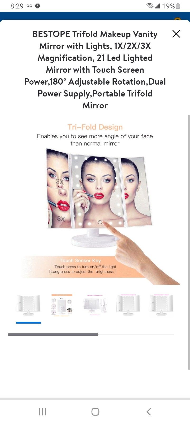 BESTOPE Trifold Makeup Vanity Mirror with Lights, 1X/2X/3X Magnification, 21 Led Lighted Mirror with Touch Screen Power,180° Adjustable Rotation,Dual 