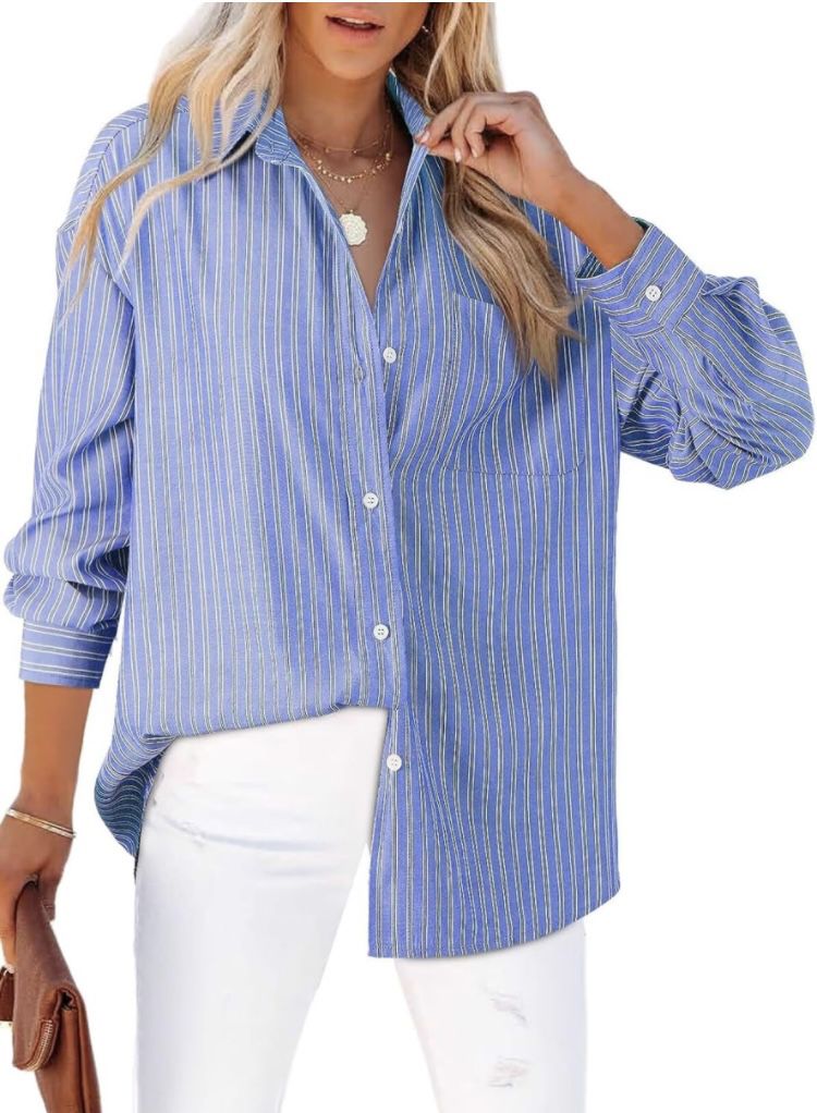 Astylish M blue Blouse Oversized Striped Shirt Long Sleeve V Neck Button top