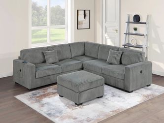 Brand New Grey Corduroy Sectional Sofa w Ottoman