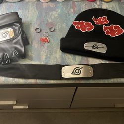 Naruto Leaf Village Ninja Headband & Gloves With Akatsuki Beanie With Two Rings & Necklace Charm