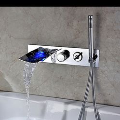 Clari Modern Wall Mounted LED Waterfall Tub Filler Faucet With Hand Shower Chrome Sh32