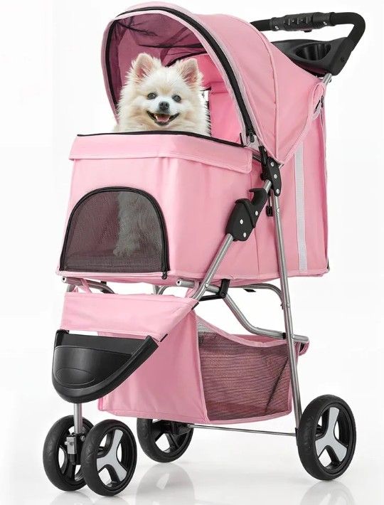 MoNiBloom 3-Wheels Foldable Pet Stroller with Waterproof Cover, Pet Strolling Cart for Small/Medium Dogs and Cats with Storage Basket and Cup Holder,