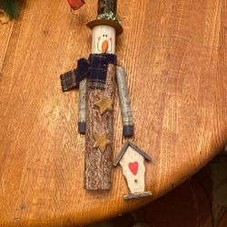 Wooden Log Snowman. Hang Or Free Standing. 