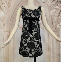 Vintage 1960s Mini Dress Black Lace Overlay Velvet Bow Miniskirt Retro Mod