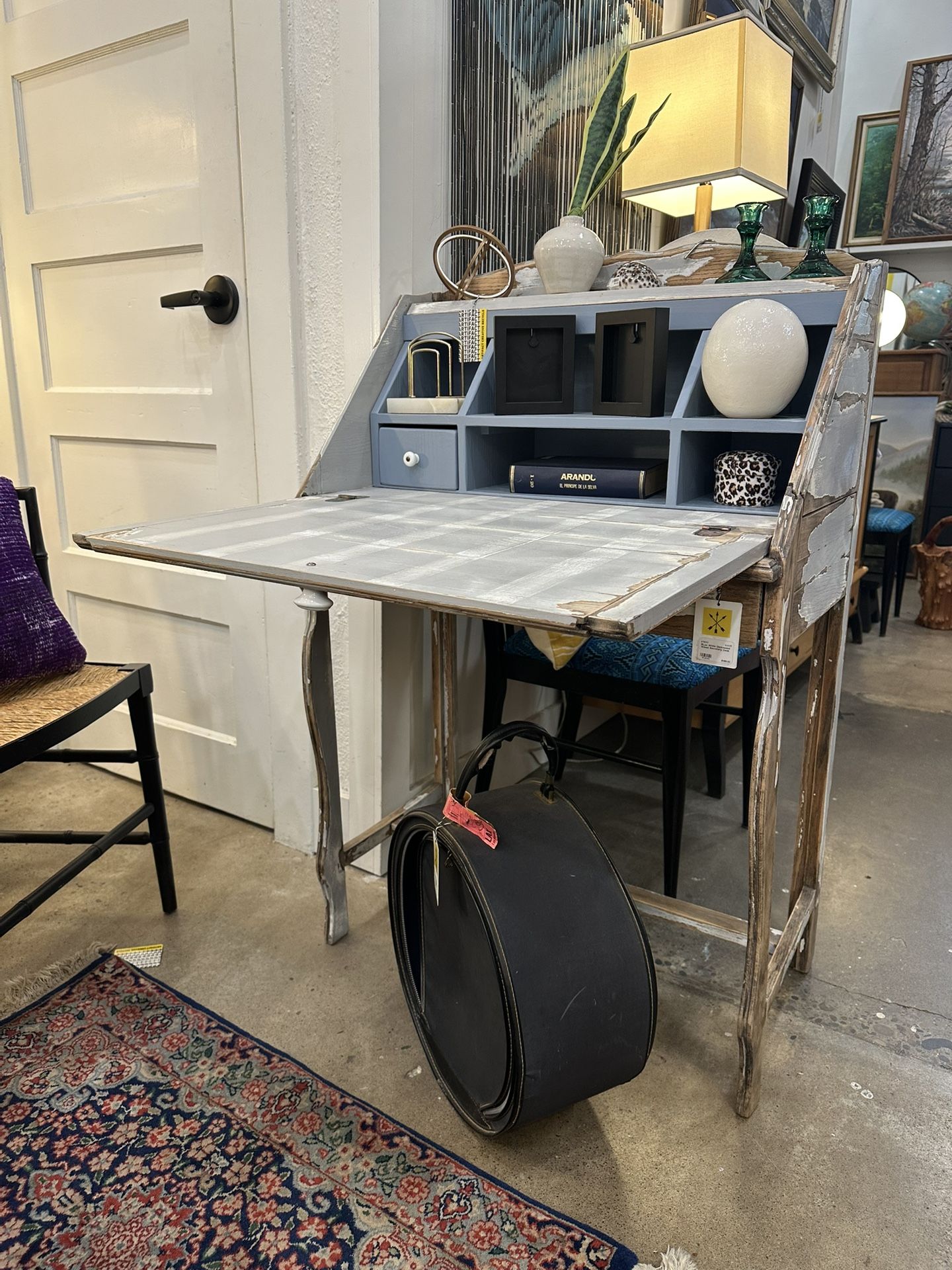 Blue White Distressed Wood Secretary Desk (1FUD4A)