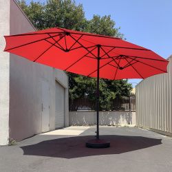 New $130 Large 15FT Double Sided Outdoor Umbrella w/ 65 LBS Plastic Weight Base (Red/Gray) 