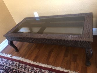 Wood carving coffee table with 2 side table