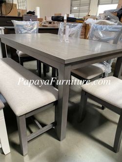 NEW 6 Piece Dining Room Table and Chair Bench Set Grey Wood Kitchen Big Furniture Discount Warehouse SALE Ashley Style Clearance Closeout Solid DEAL