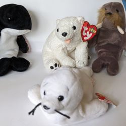 4 Vintage Beanie Babies: Seamore, Jolly, Waves,& Aurora
